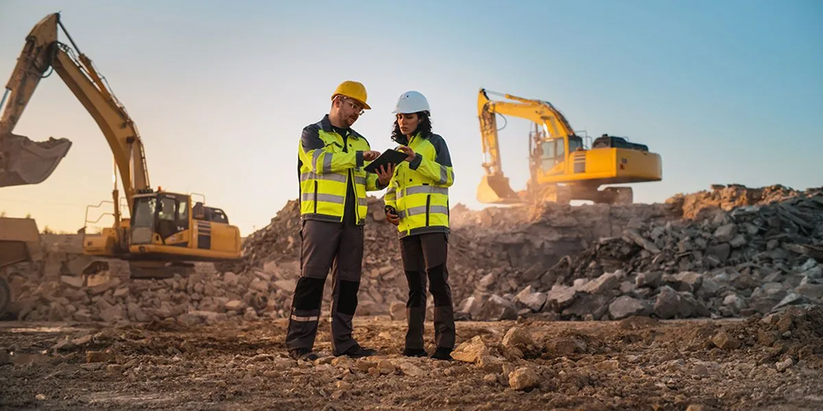 Two construction workers in reflective jackets and helmets reviewing plans on a tablet, with excavators working in the background.