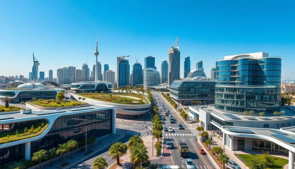 Modern city with glass buildings, green rooftops, and a busy street with cars and palm trees.