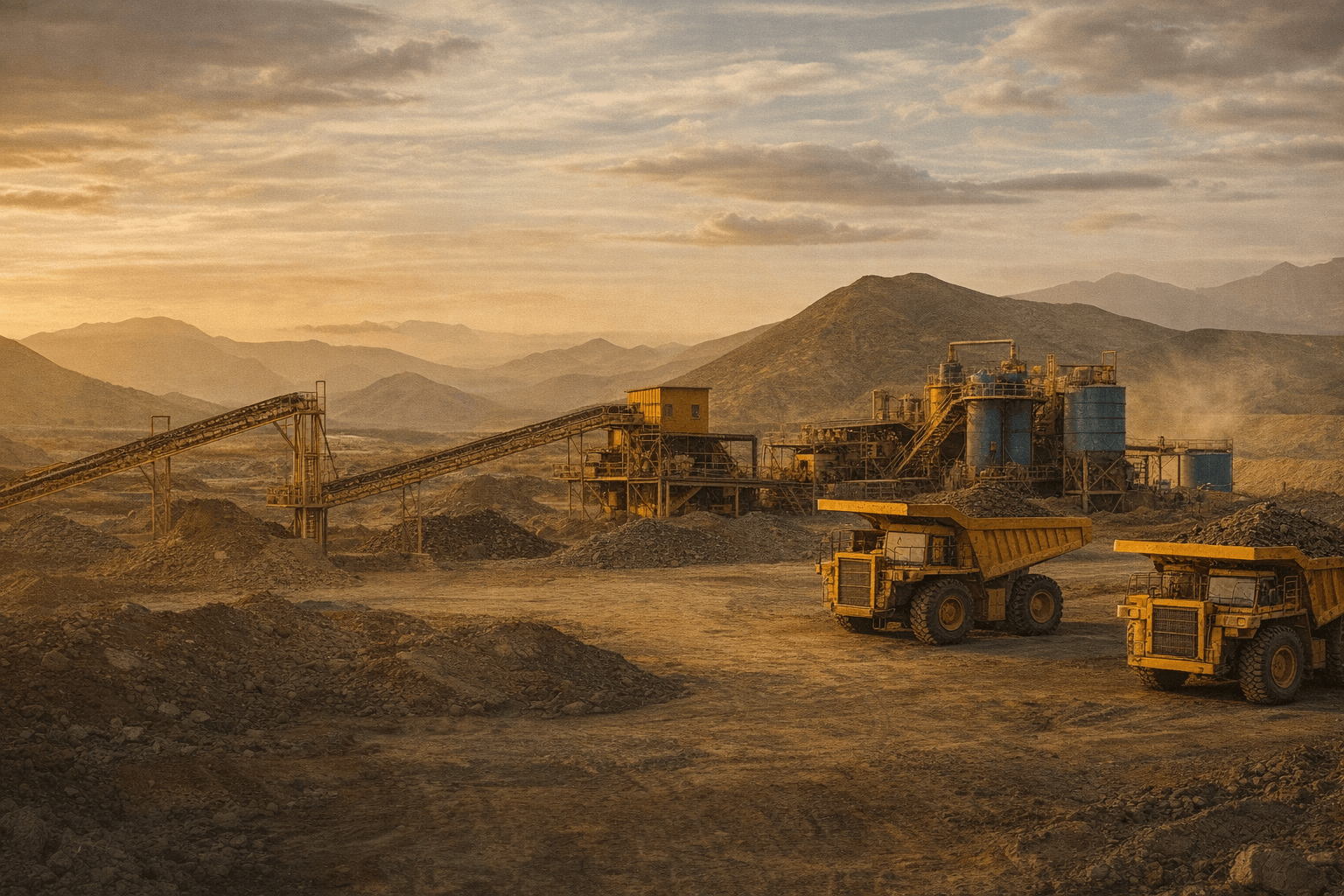 Mining operation in Peru with haul trucks, processing equipment, and mountain terrain at sunset