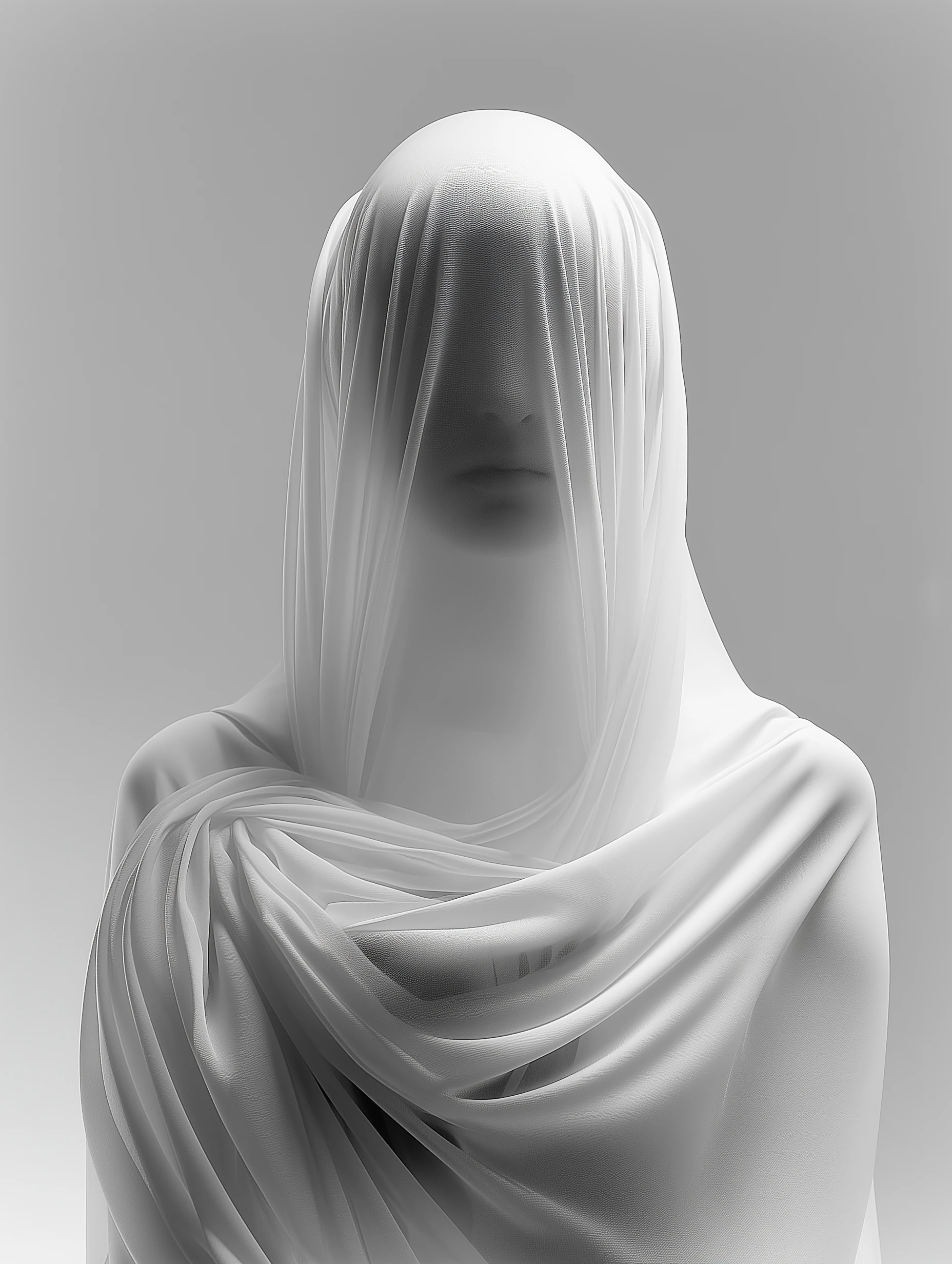 Surreal monochrome portrait of a figure shrouded in sheer fabric, conceptual ghostly art photography for high-end Webflow website design inspiration