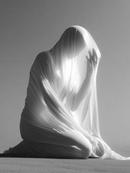 Surreal monochrome portrait of a figure shrouded in sheer fabric, conceptual ghostly art photography for high-end Webflow website design inspiration