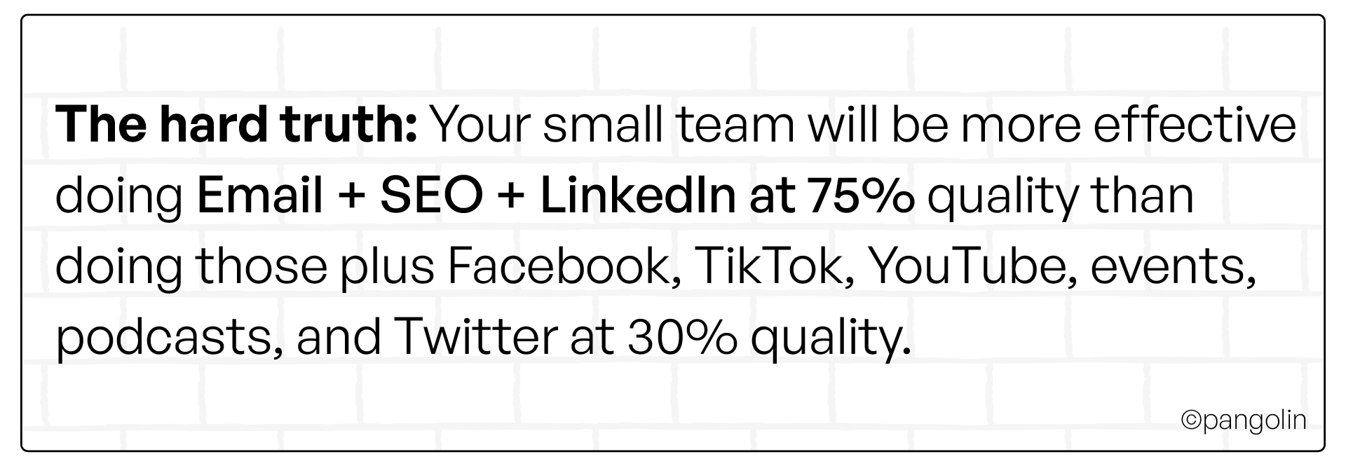 Slide with the hard truth message that a small team is more effective focusing on Email, SEO, and LinkedIn at higher quality than spreading effort across many channels at low quality.