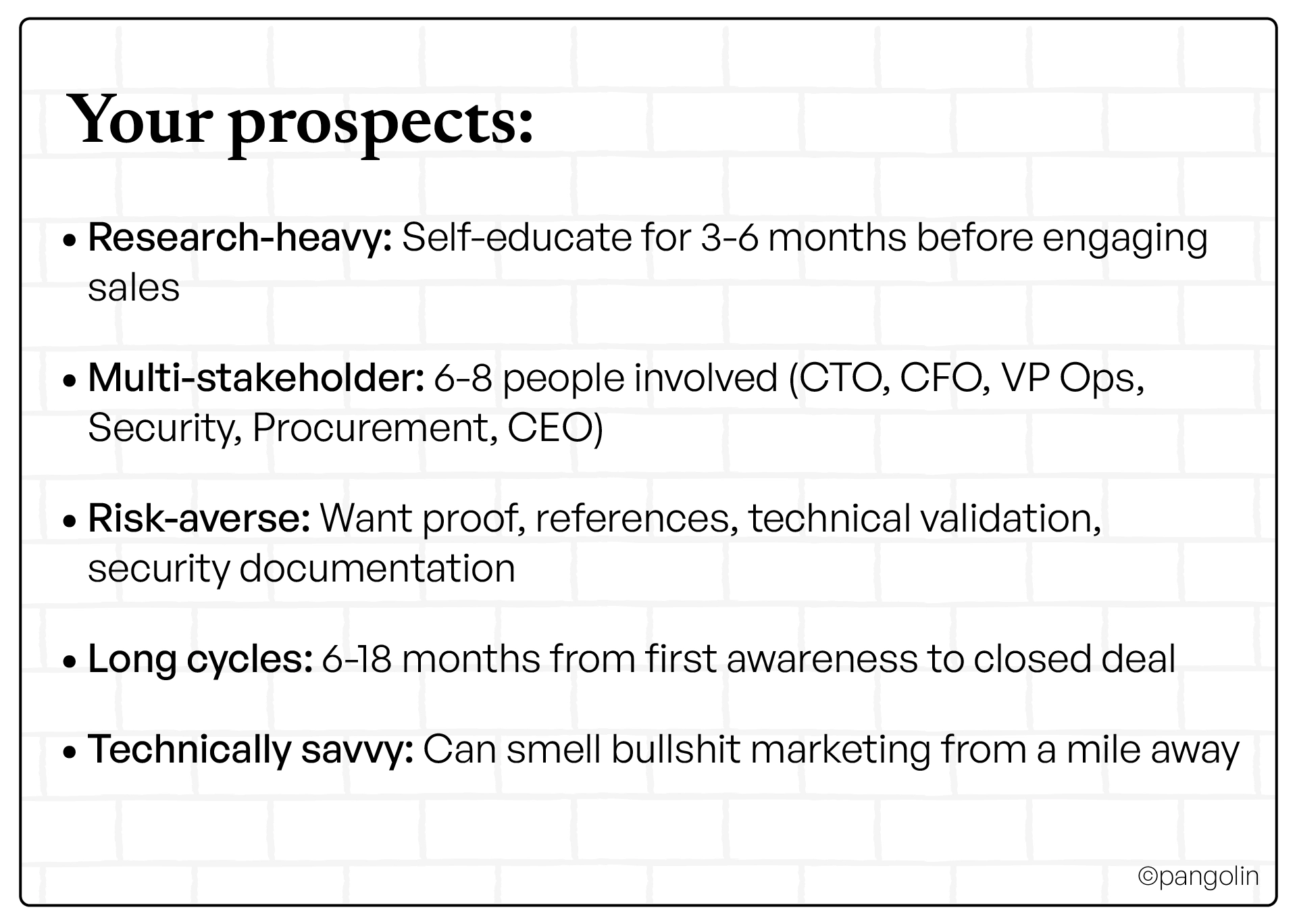 Slide titled ‘Your prospects’ listing traits of IT service buyers: research-heavy, multi-stakeholder, risk-averse, long sales cycles, and technically savvy.