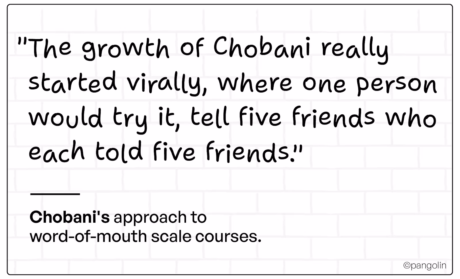 Quote about Chobani’s viral growth through one person telling five friends who each tell five friends.