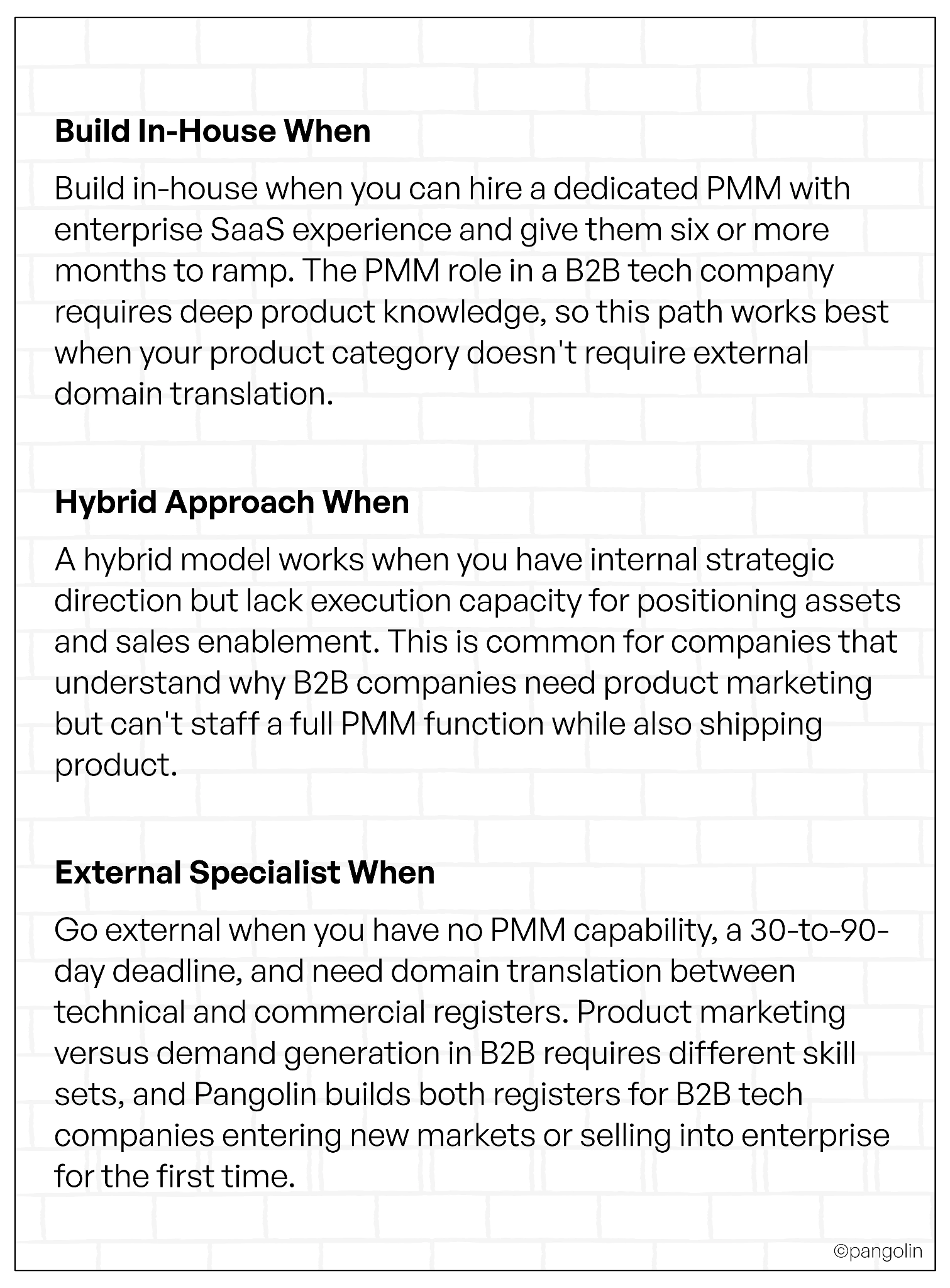 Comparison framework for choosing in-house, hybrid, or external product marketing capabilities in B2B tech companies