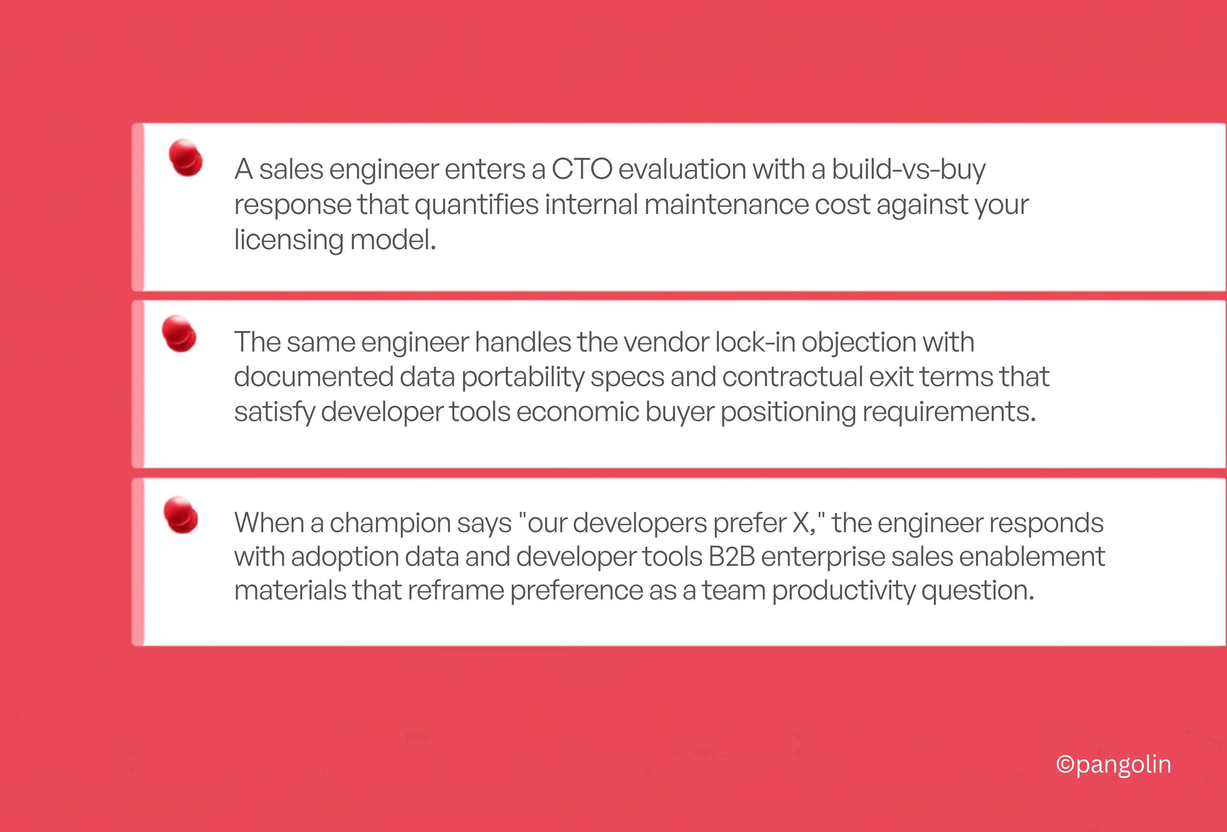 Graphic showing three enterprise sales battle card responses for developer tools buyers: addressing build-vs-buy concerns with maintenance cost analysis, handling vendor lock-in objections through data portability and exit terms, and reframing developer preferences with adoption data and team productivity metrics to support enterprise purchasing decisions.