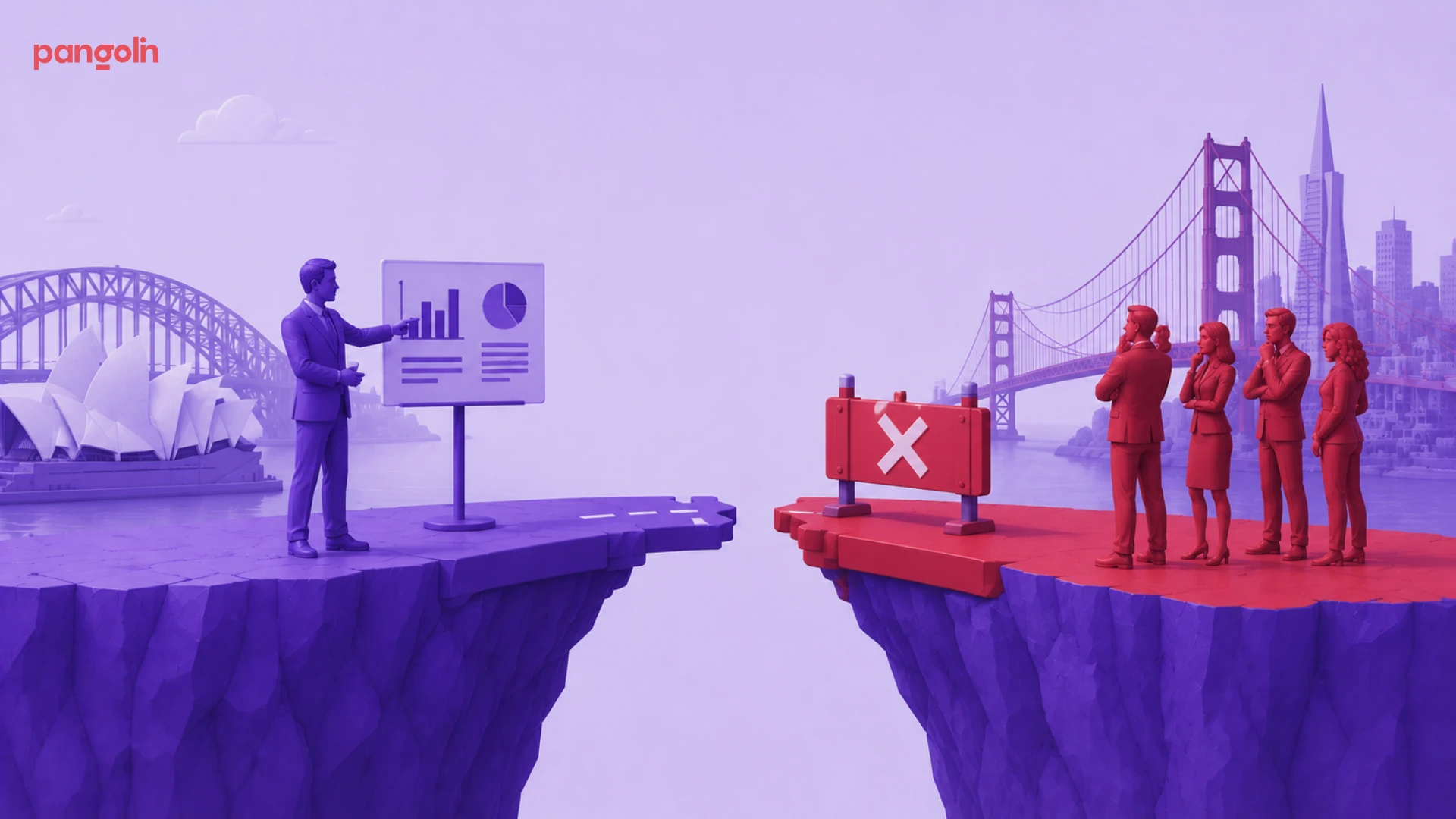 Business professionals evaluating an ANZ SaaS company's sales deck, highlighting trust architecture, enterprise positioning, and US market entry strategy for B2B SaaS expansion.