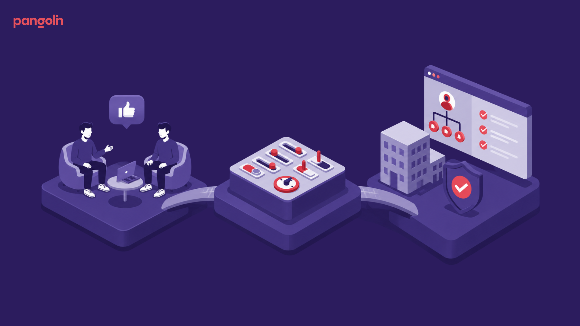 Illustration showing the transition from founder-led sales to scalable sales infrastructure. Two people conduct a sales conversation on one side, connected through a central control system to an enterprise sales process featuring organizational workflows