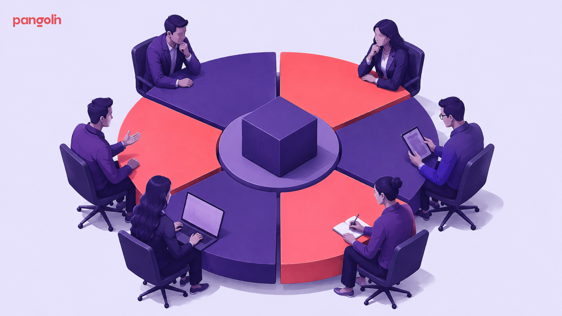Business professionals representing an enterprise buying committee reviewing stakeholder-specific product messaging, value propositions, competitive positioning, and proof points, illustrating a multi-stakeholder positioning framework for B2B tech founders