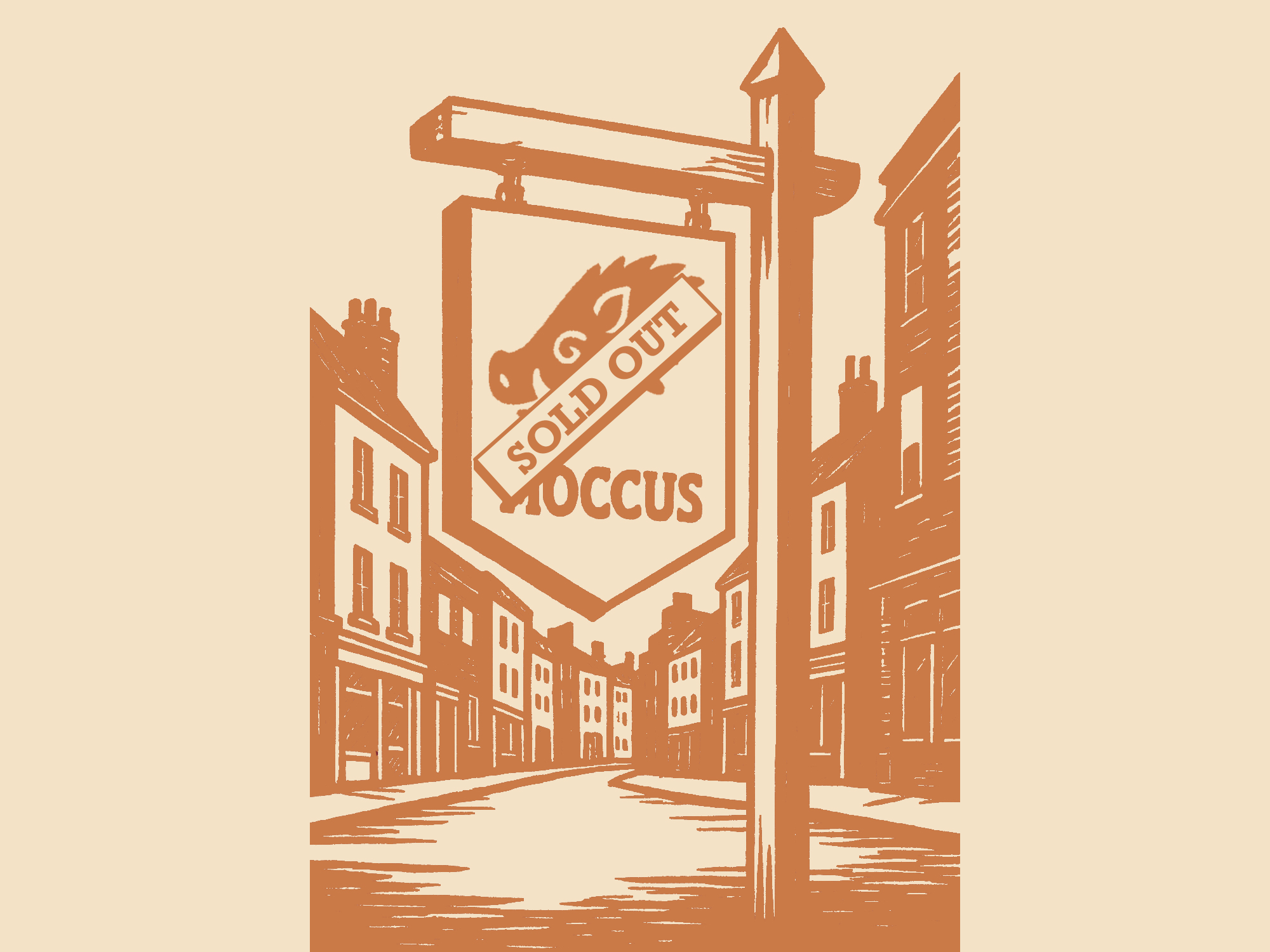 Moccus logo on a signpost in a city