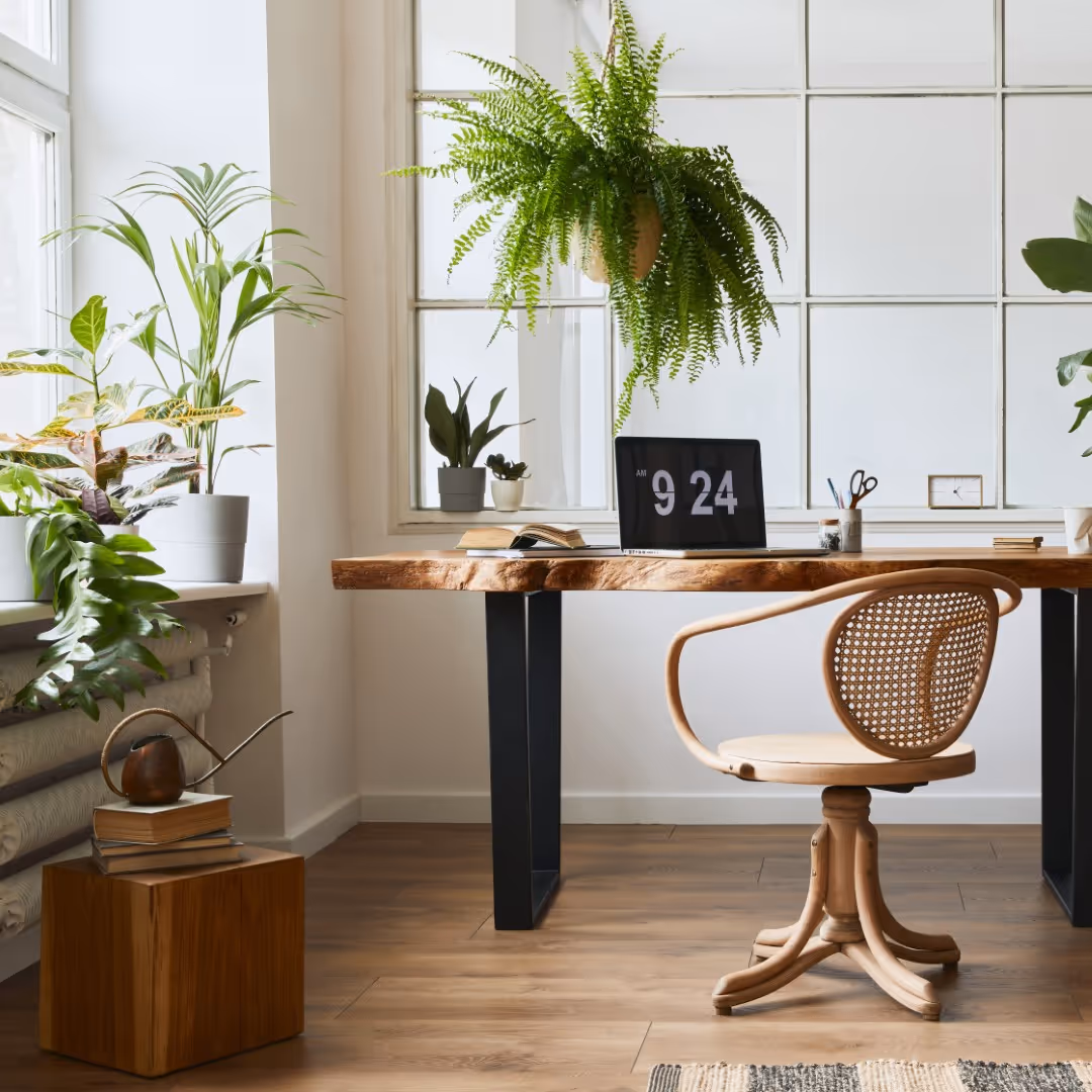 A wooden desk with a chair and a clock on it.
