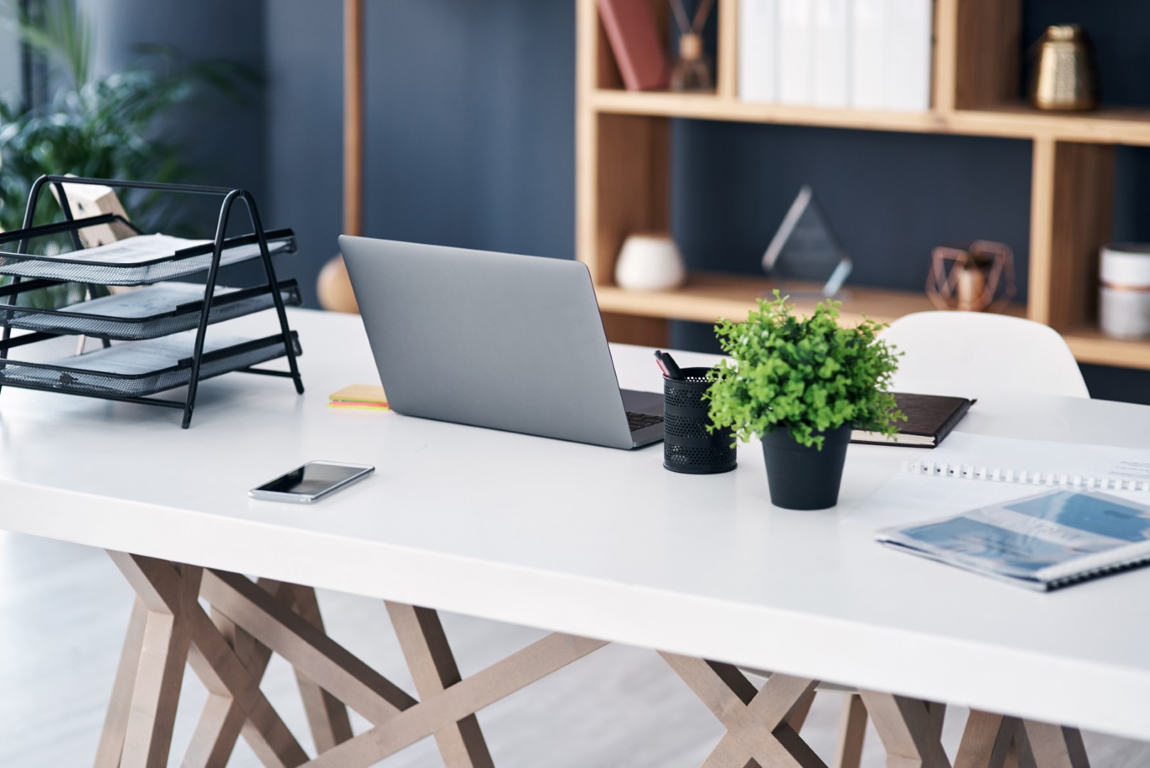 A laptop on a desk with a potted plant.
