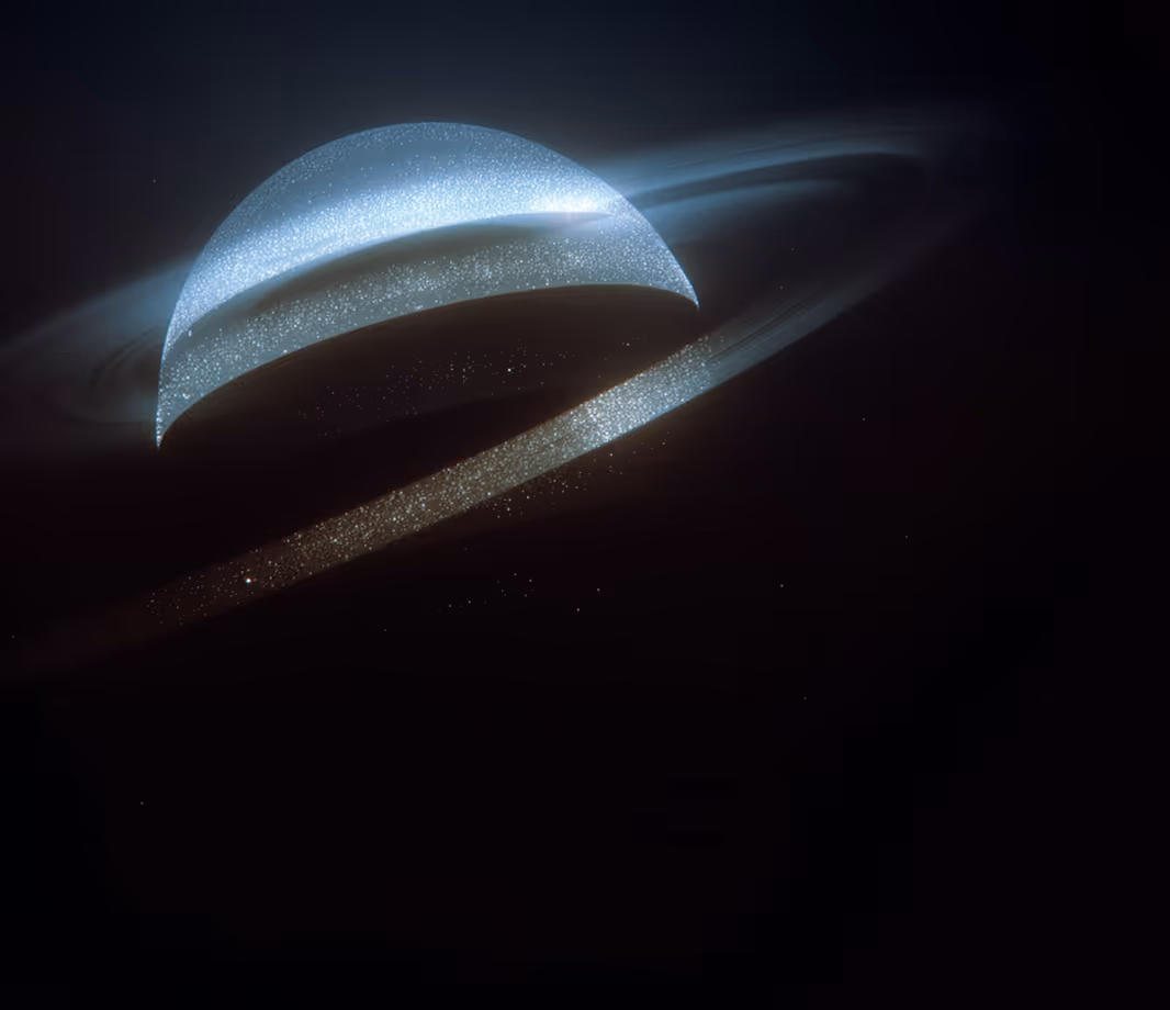 Blue planet with glowing rings made of sparkling particles against a dark space background.