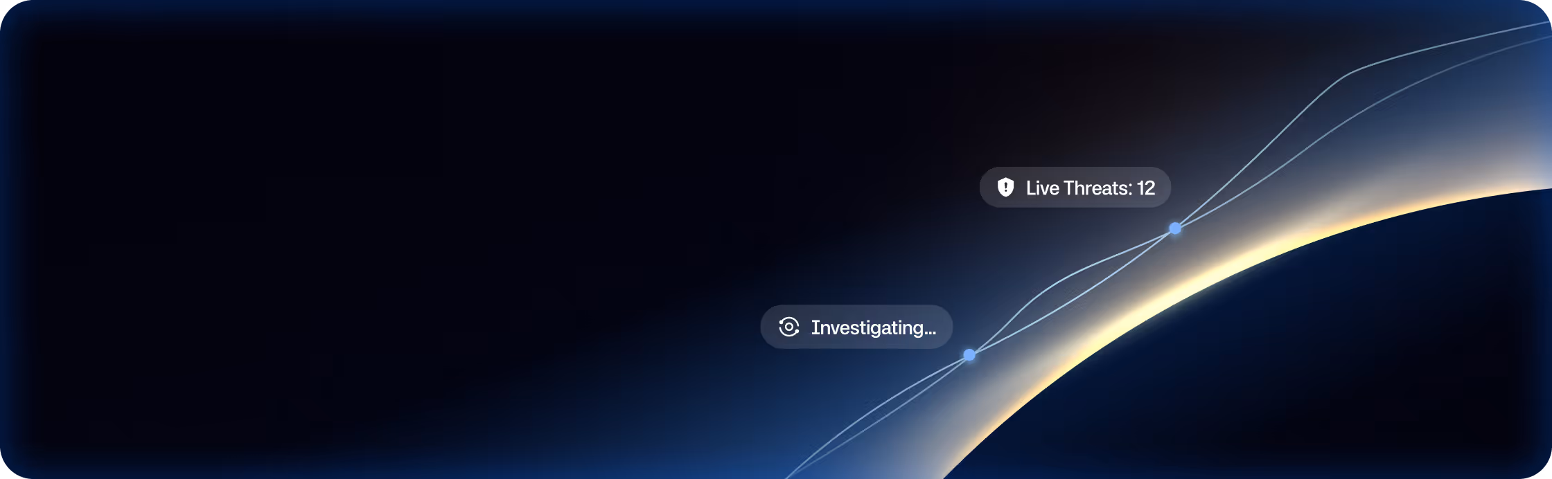 Dark space-themed interface with globe edge and labels showing 'Investigating...' and 'Live Threats: 12'.