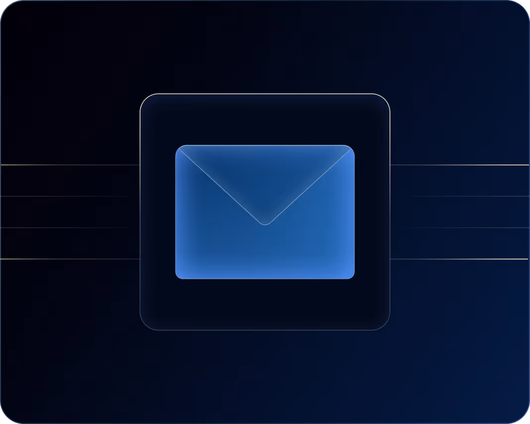 Glowing blue envelope icon representing email on a dark blue futuristic digital background.