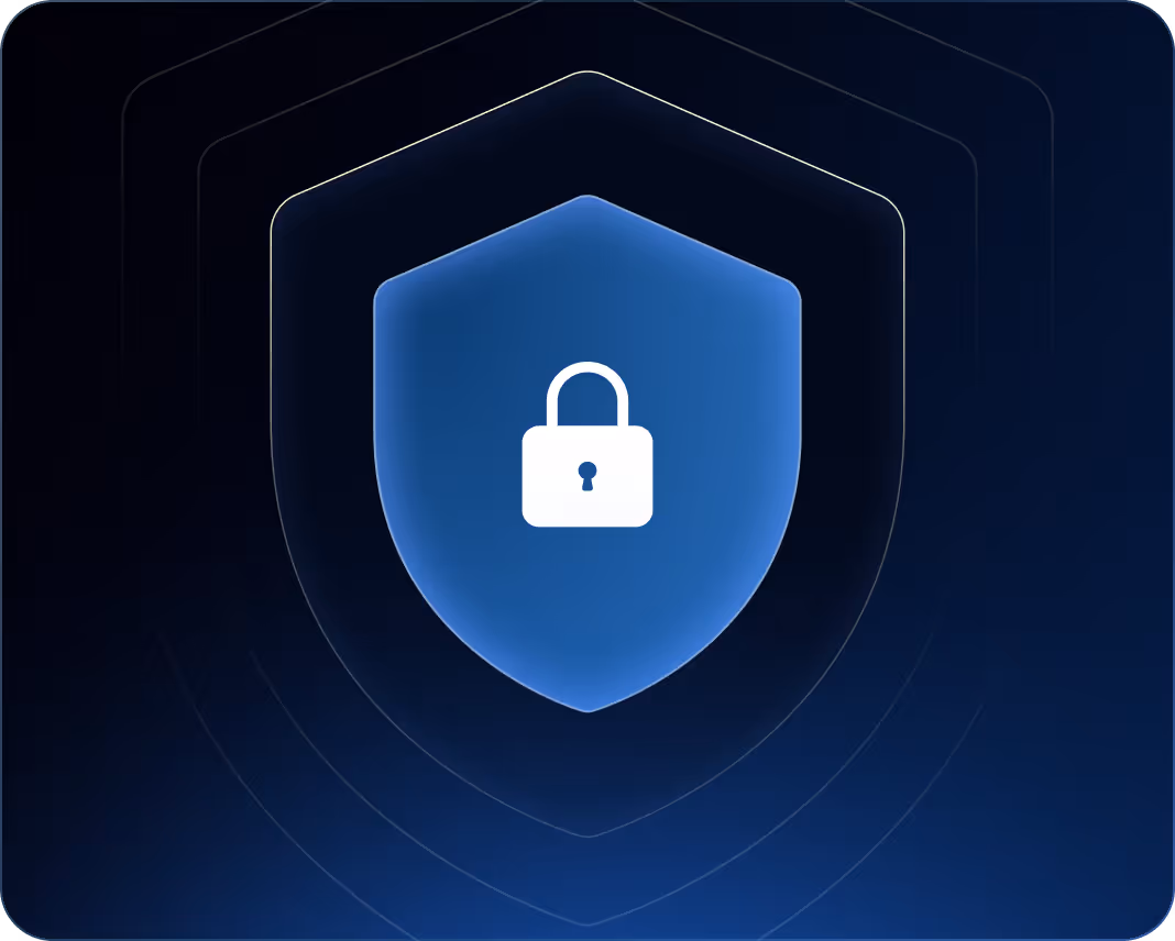 Blue shield with a white padlock icon symbolizing security and protection on a dark blue background.