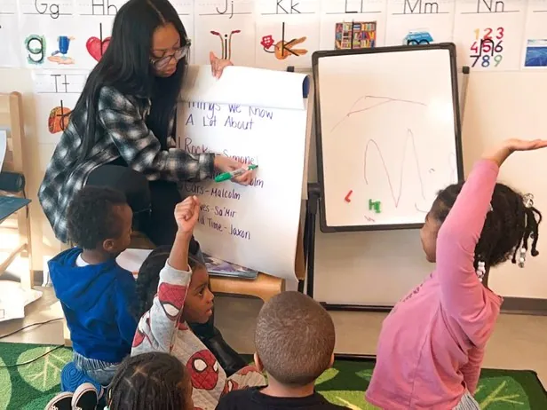 A teacher leading children at an easel during a whole group lesson
