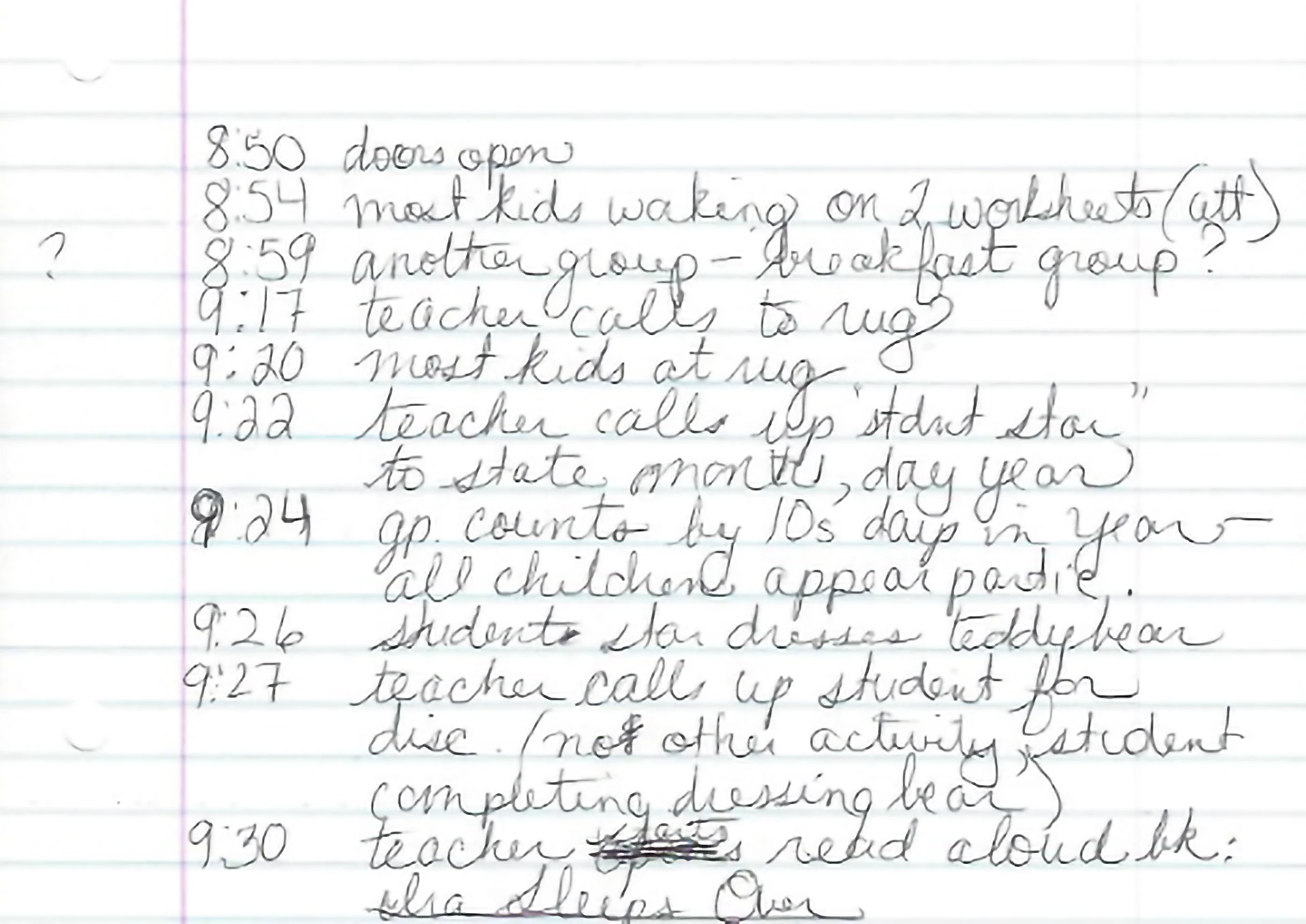 Handwritten time analysis notes on lined paper, with timestamps from 8:50 doors open to 9:30 read-aloud.