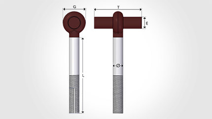 Technical drawing of a threaded lifting eye bolt shown from front and side views, labeled with dimensions such as diameter, length, and eye opening. Used for load-bearing and lifting applications