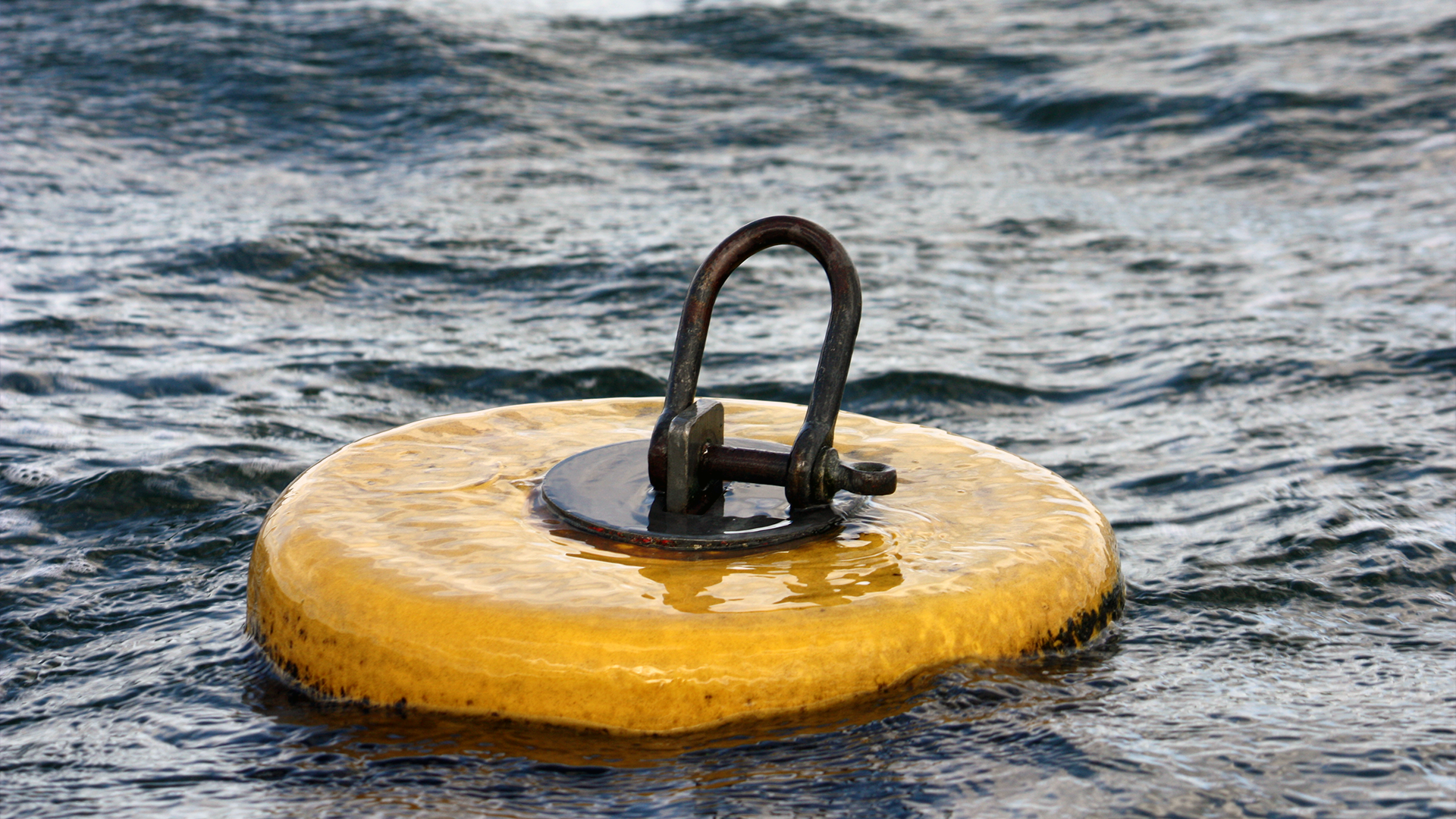 Underwater view of a mooring system anchoring multiple aquaculture nets, with tensioned lines connecting to a surface buoy and central seabed hub.
