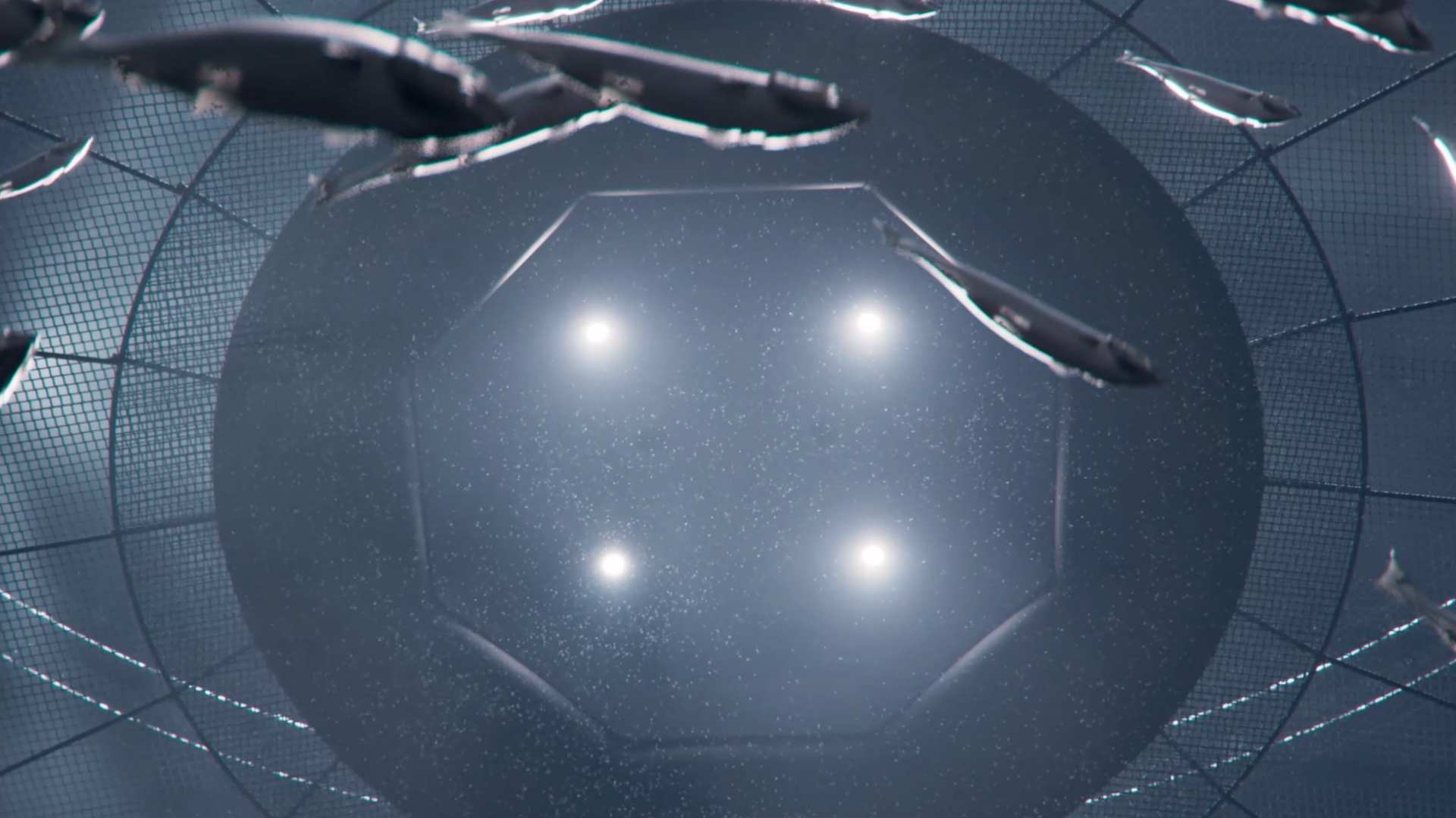 A digital ocean with blue dots.