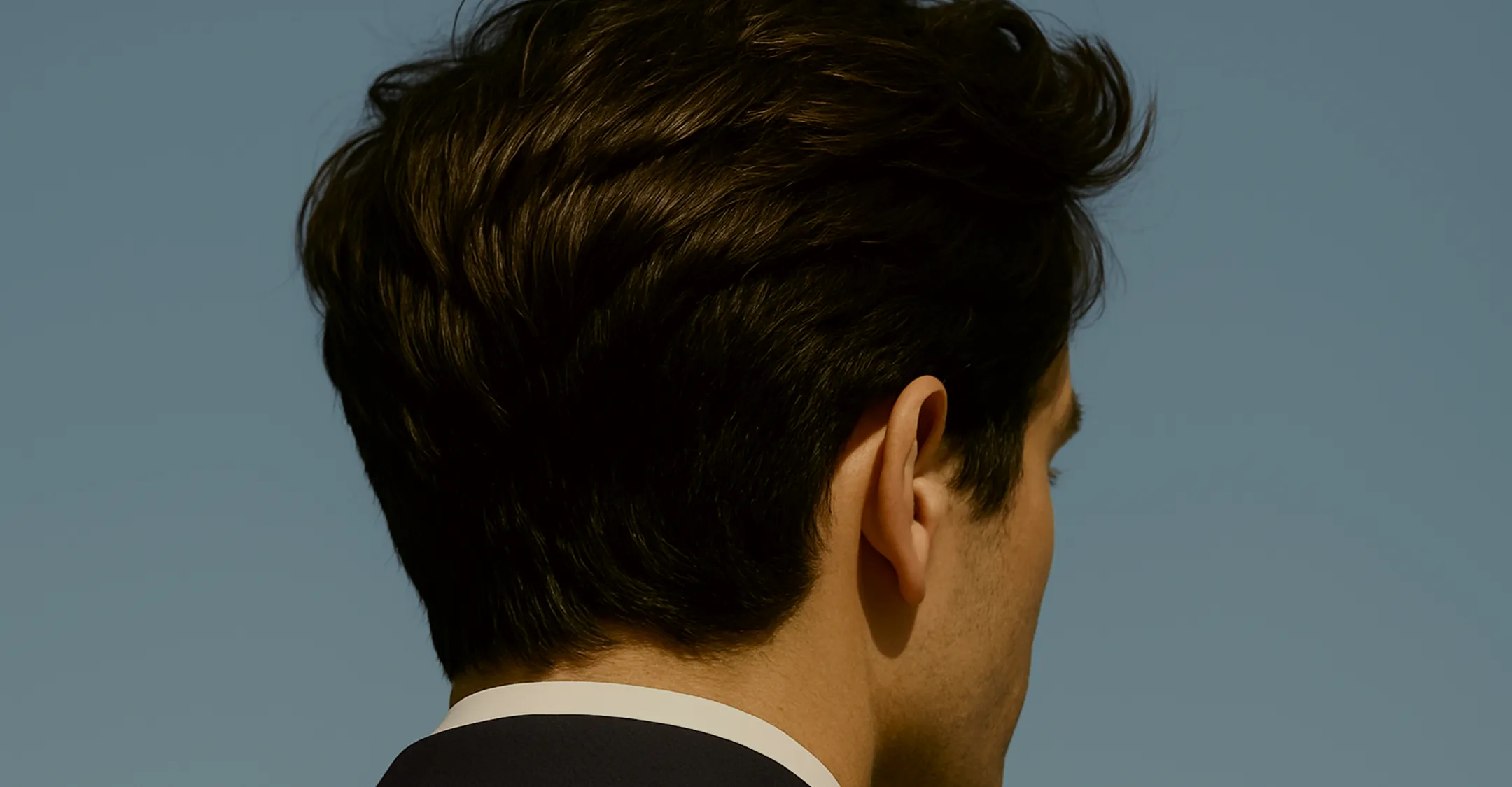 Back view of a man with neatly styled dark hair in a suit against a clear sky.