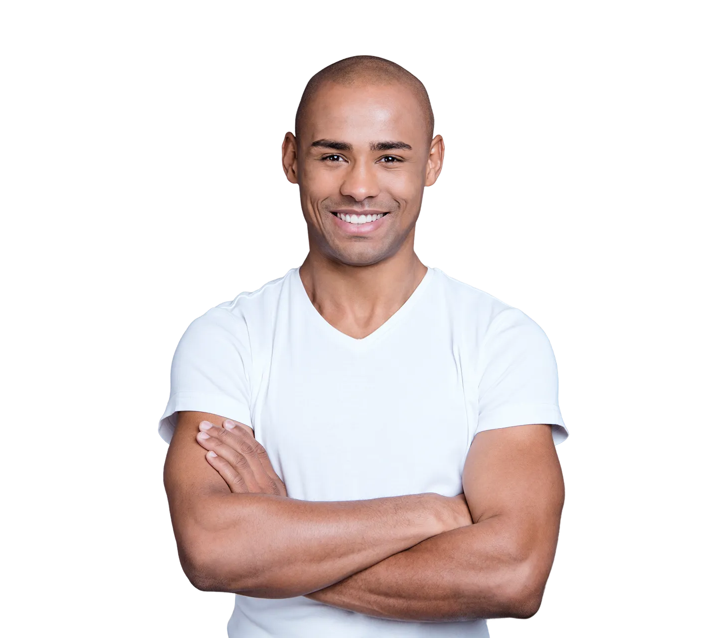 Confident bald man in a white shirt with arms crossed