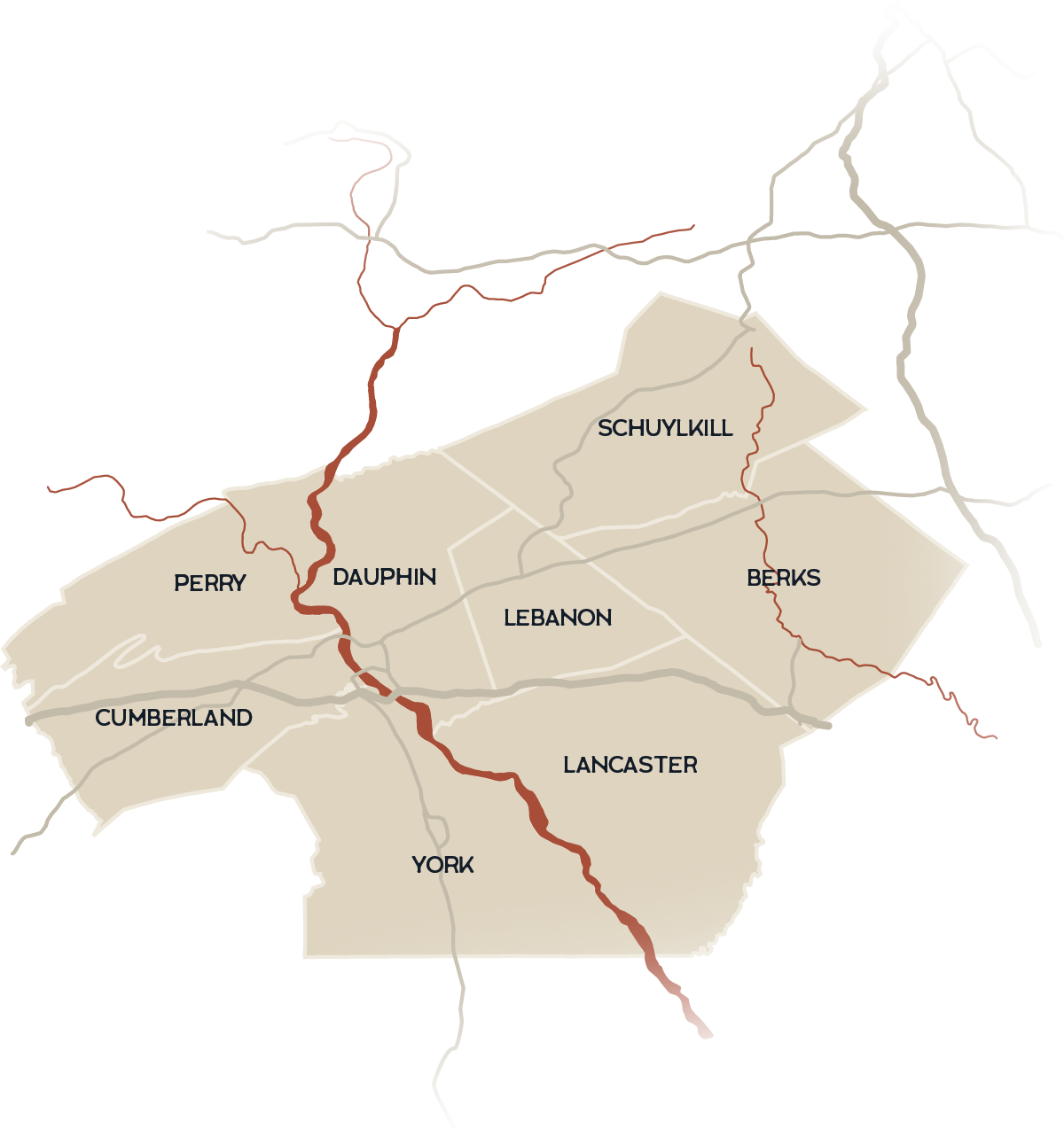A stylized map of South Central Pennsylvania