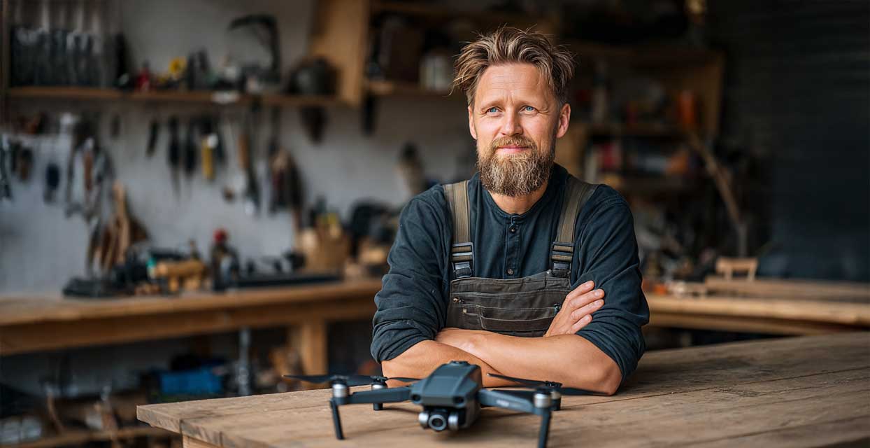Ein Handwerker der eine Drohne vor sich liegen hat