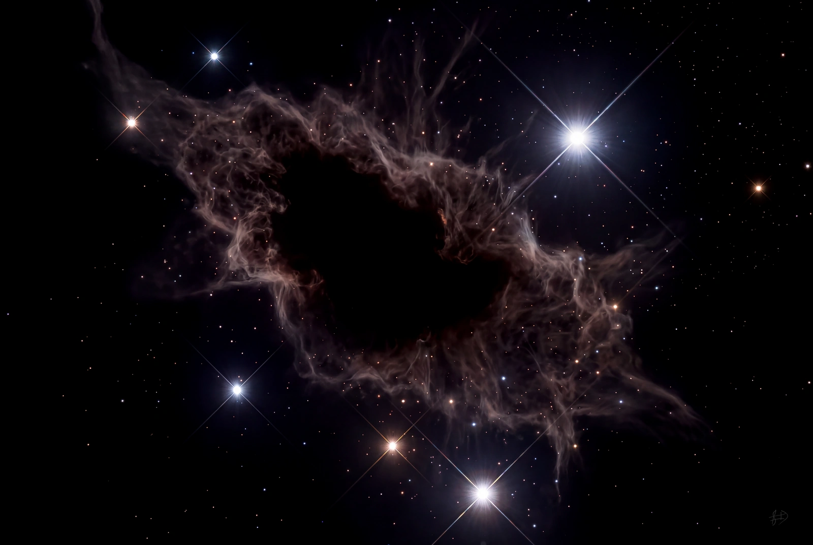 VESTIGE, a digital artwork: a dark hollow surrounded by brown and violet filaments, diffuse light and scattered stars.