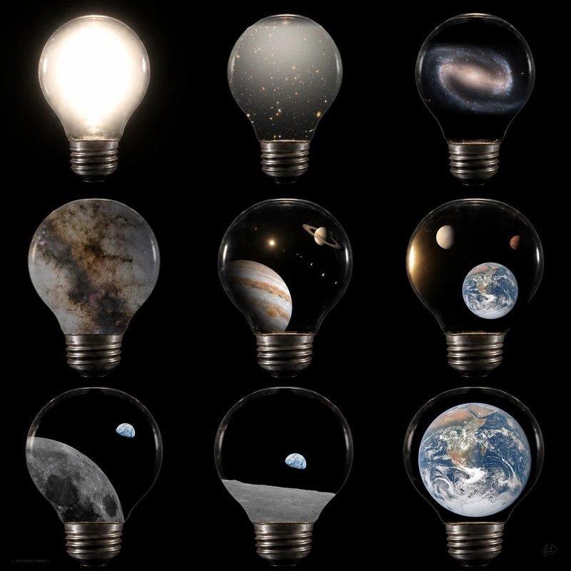 Neuf ampoules sur un fond noir continu : de l’éblouissement blanc aux galaxies, puis au système solaire, à la Lune et à la Terre.