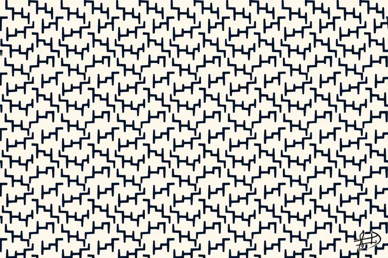 Composition rectangulaire de signes anguleux bleu-noir répétés sur fond ivoire. Leurs branches s’emboîtent en diagonale et restent séparées par de fins espaces clairs. Le motif est coupé par les quatre bords.