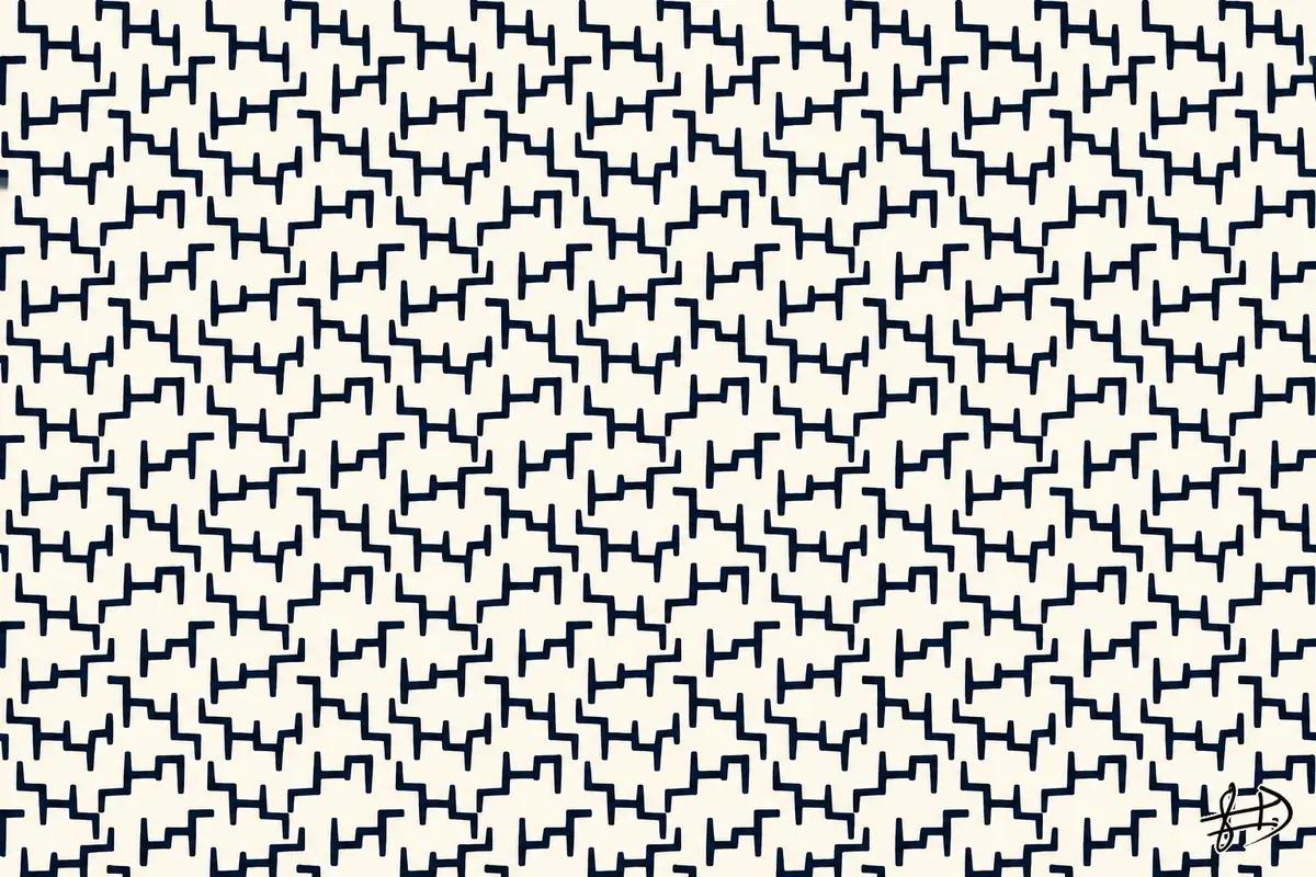 Composition rectangulaire de signes anguleux bleu-noir répétés sur fond ivoire. Leurs branches s’emboîtent en diagonale et restent séparées par de fins espaces clairs. Le motif est coupé par les quatre bords.