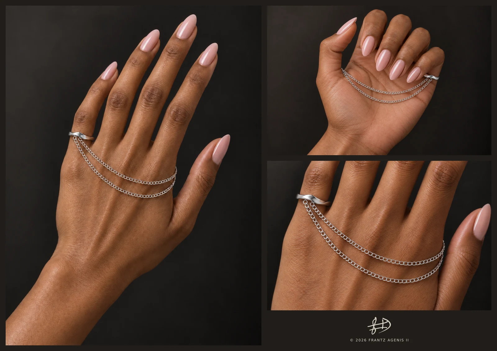 LIAISON : trois vues d’une main aux ongles rose nude, portant une bague argentée ondulée à l’auriculaire et deux chaînes fines ; signature de FRANTZ AGENIS II en bas du triptyque.