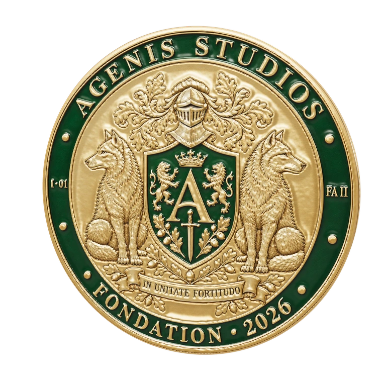 Pièce AGENIS STUDIOS : deux loups encadrent le blason doré.
