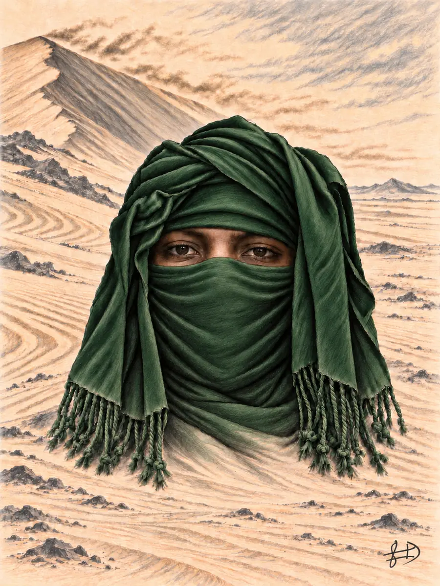PRÉSENCE : un homme dont seuls les yeux très sombres sont visibles, enveloppé d’un foulard vert à franges tressées, se fond dans un désert dessiné. Signature FAII en bas à droite.