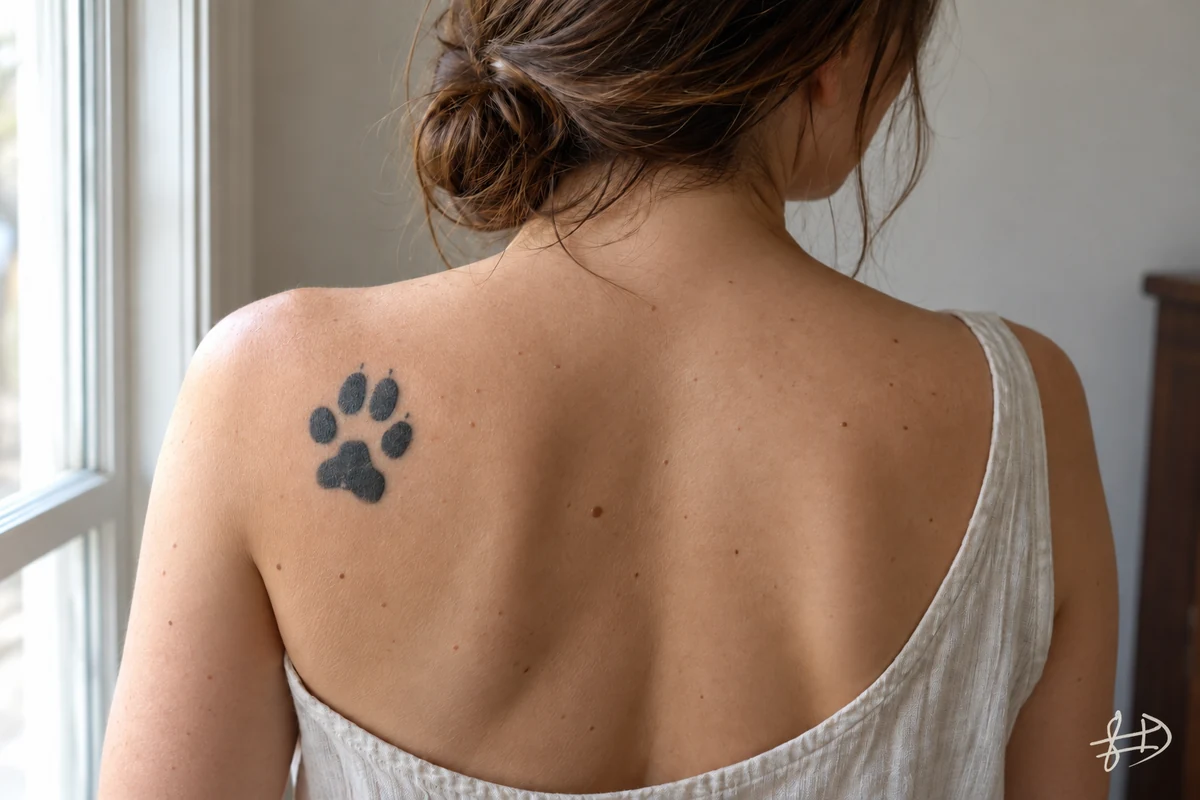 FIDÉLITÉ : une femme brune, vue de dos près d’une fenêtre, porte une empreinte de patte de chien tatouée sur le haut de l’épaule gauche. Signature FAII en bas à droite.
