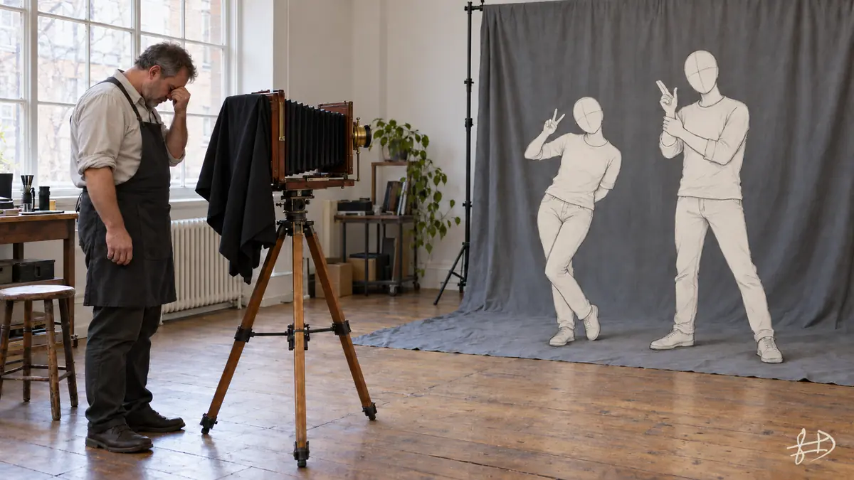 Un photographe découragé près d’un appareil à soufflet ancien, face à deux personnages dessinés qui prennent des poses maladroites avec leurs mains. Signature FAII en bas à droite.