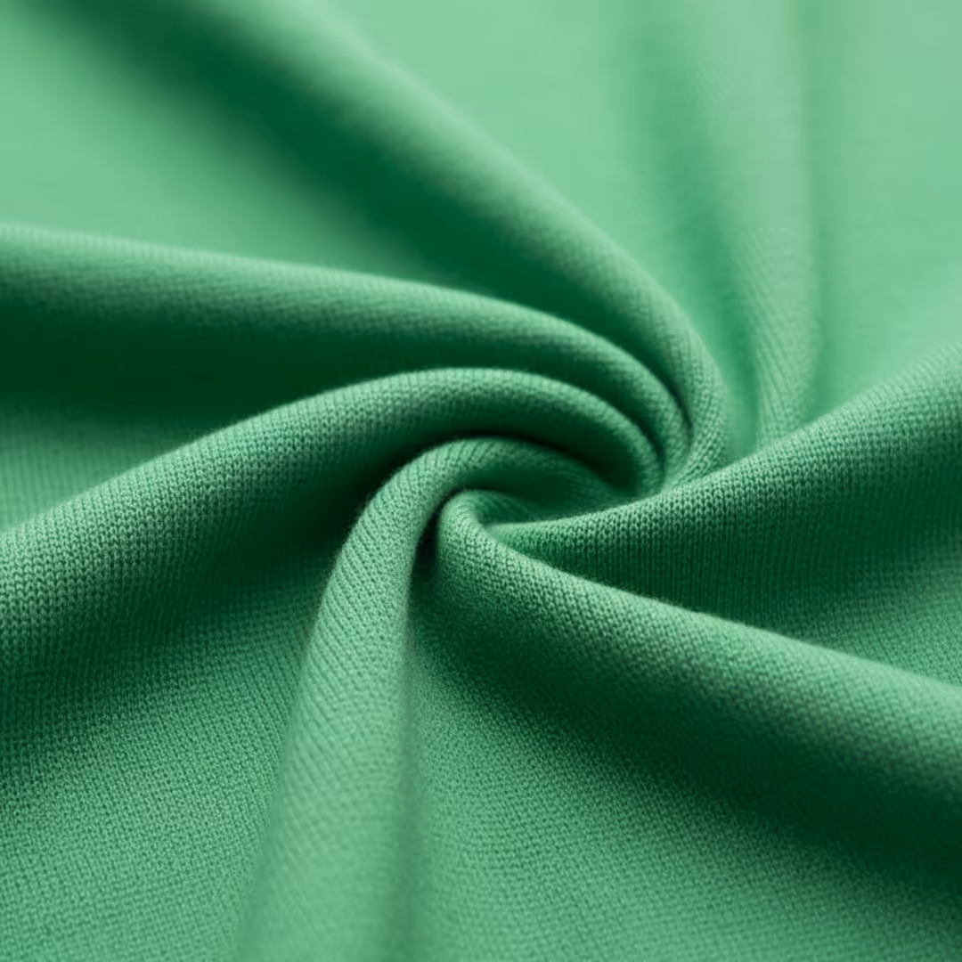Close-up of green knitted fabric twisted in the center.