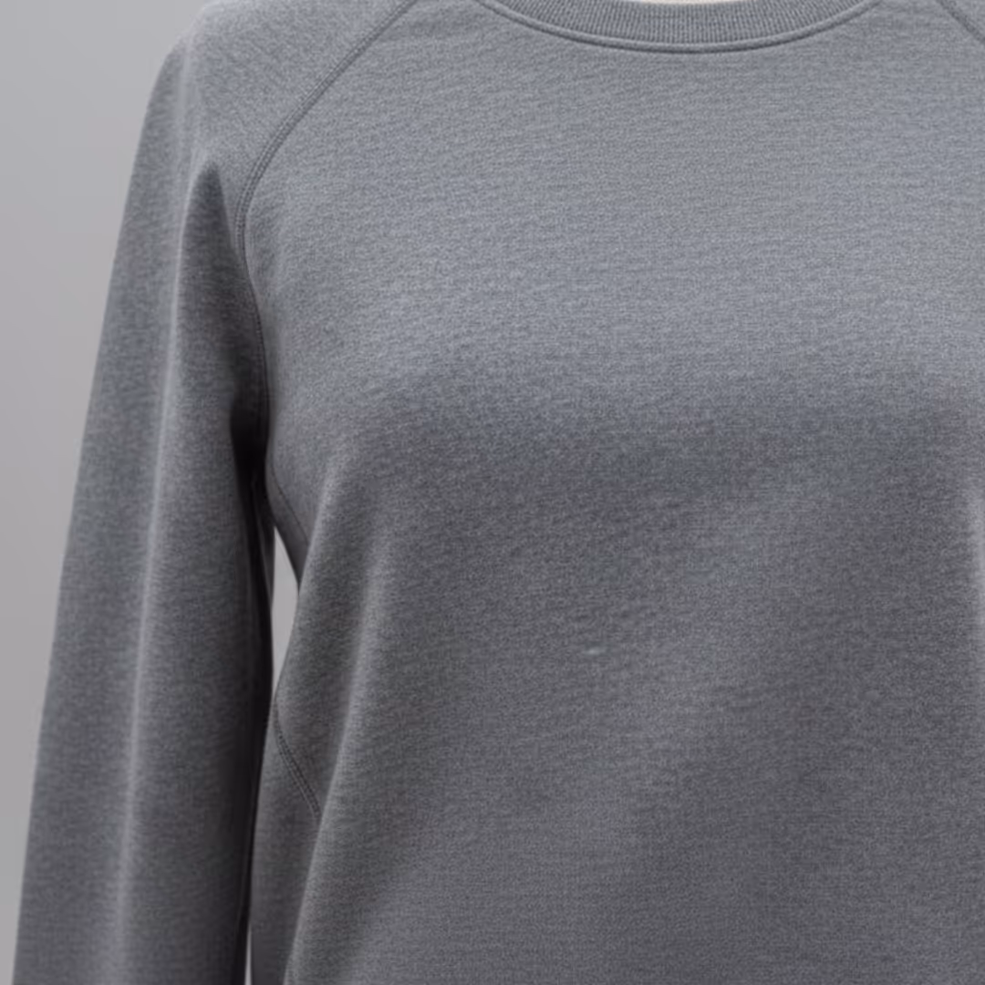 Close-up of a grey long-sleeve sweatshirt fabric with visible stitching on the shoulder and sleeves.