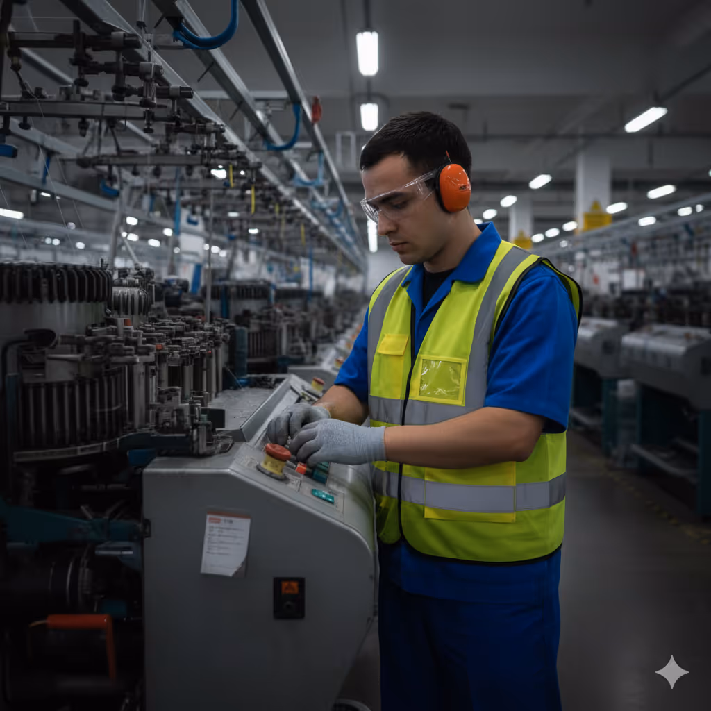 Factory worker wearing safety gear operating a control panel on industrial machinery in a factory setting.