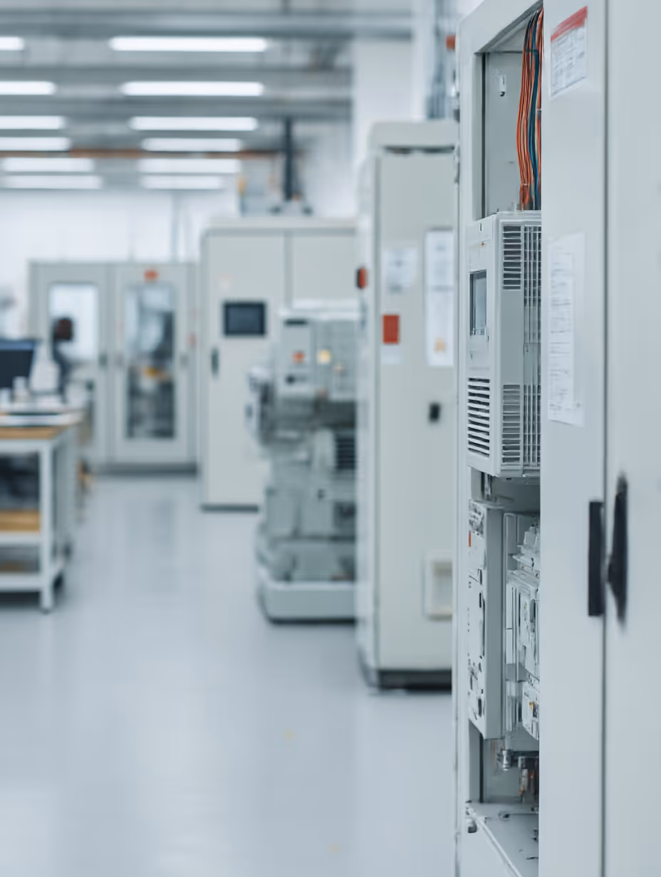 Row of white industrial control panels and equipment in a clean, bright manufacturing or laboratory environment.