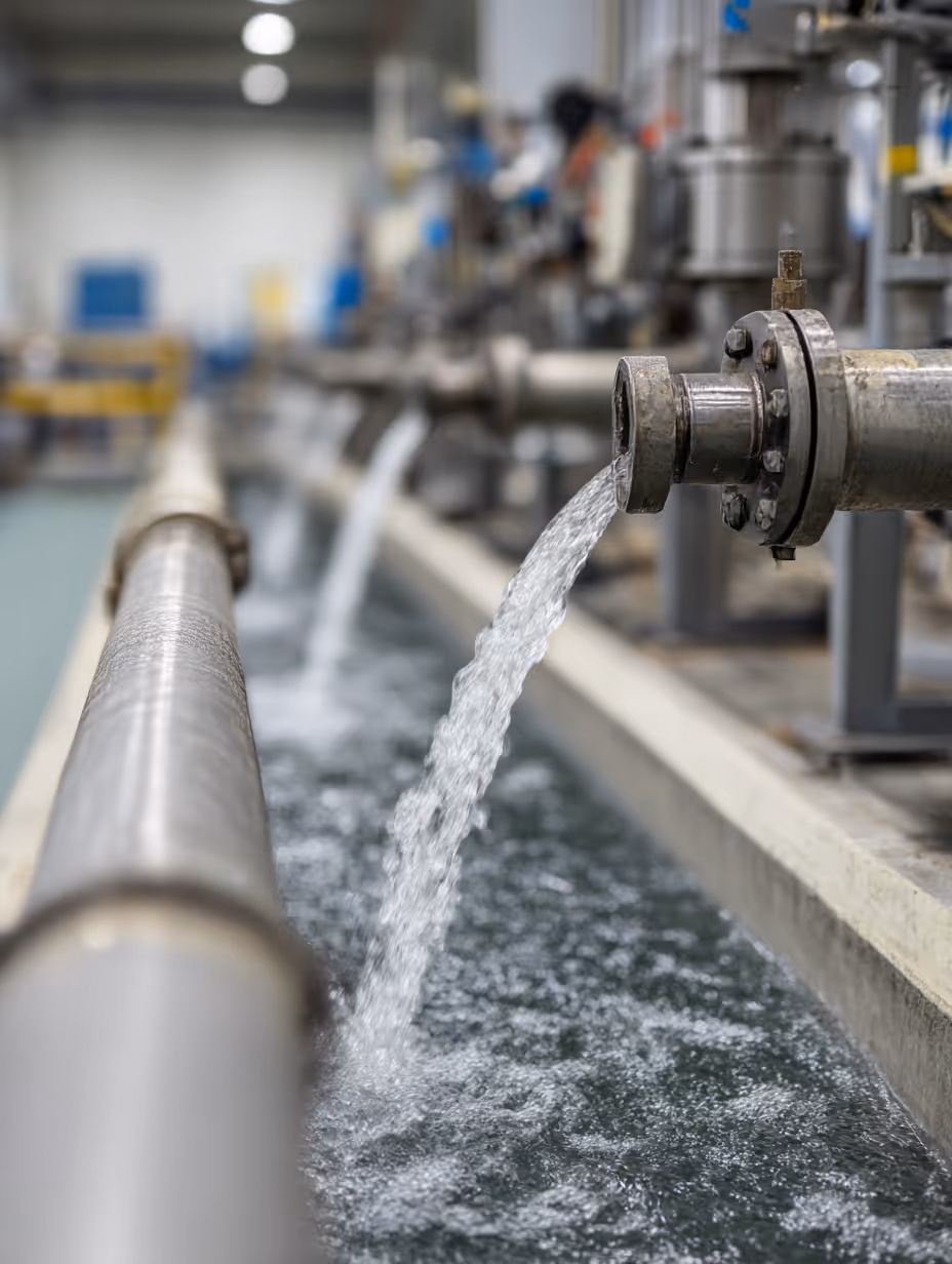 Water flowing from a metal pipe into a water channel in an industrial facility.
