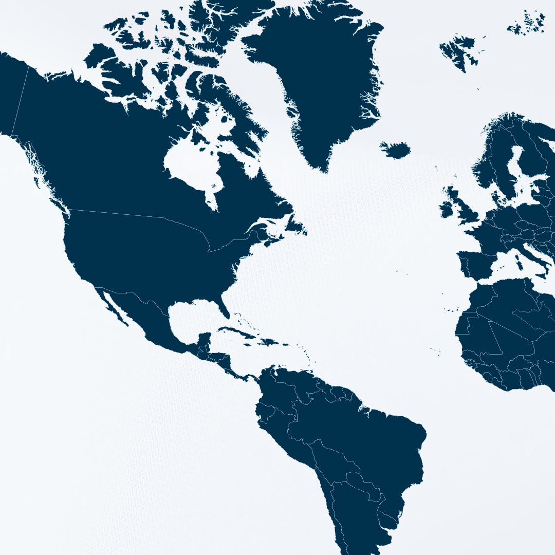 Map showing North and South America, parts of Europe, and western Africa with country borders outlined in dark blue.