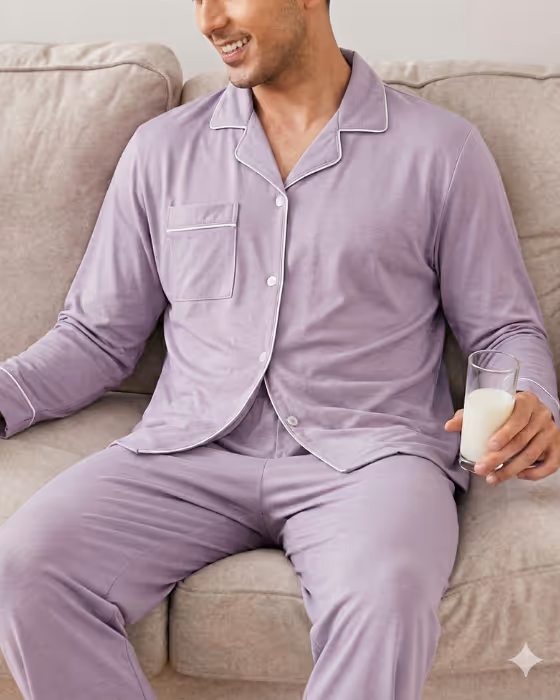 Man sitting on beige couch wearing light purple button-up pajamas holding a glass of milk and smiling.