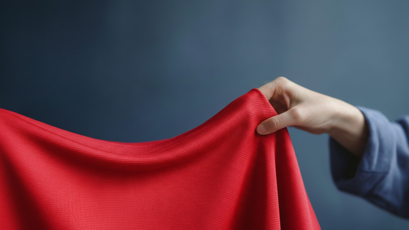 Hand holding a piece of red fabric against a plain blue background.
