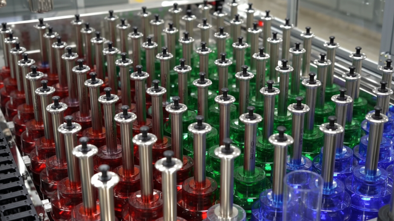 Rows of red, green, and blue glass bottles with metal pump dispensers arranged in a factory line.