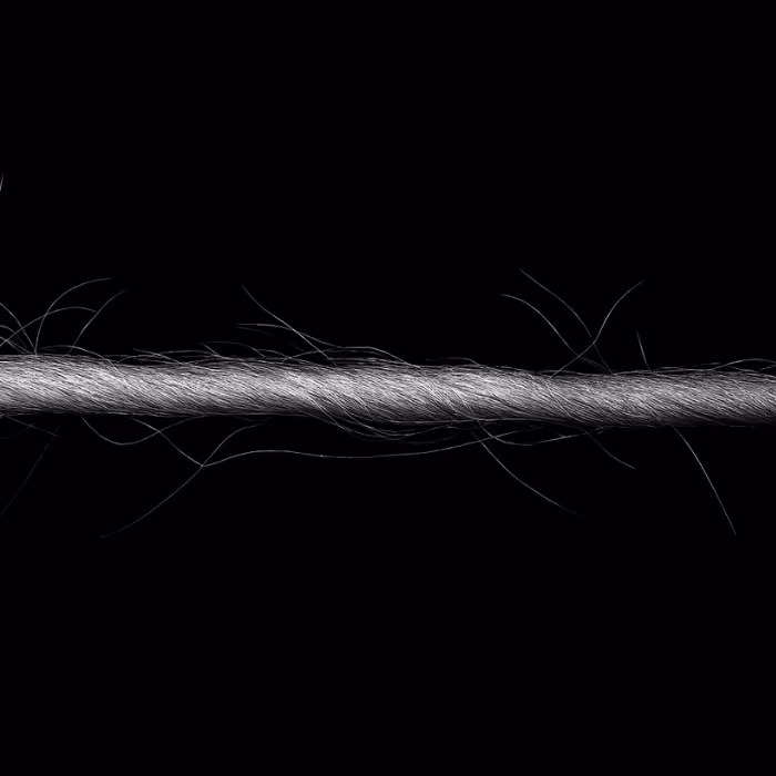 Close-up of a twisted white rope strand with loose fibers against a black background.
