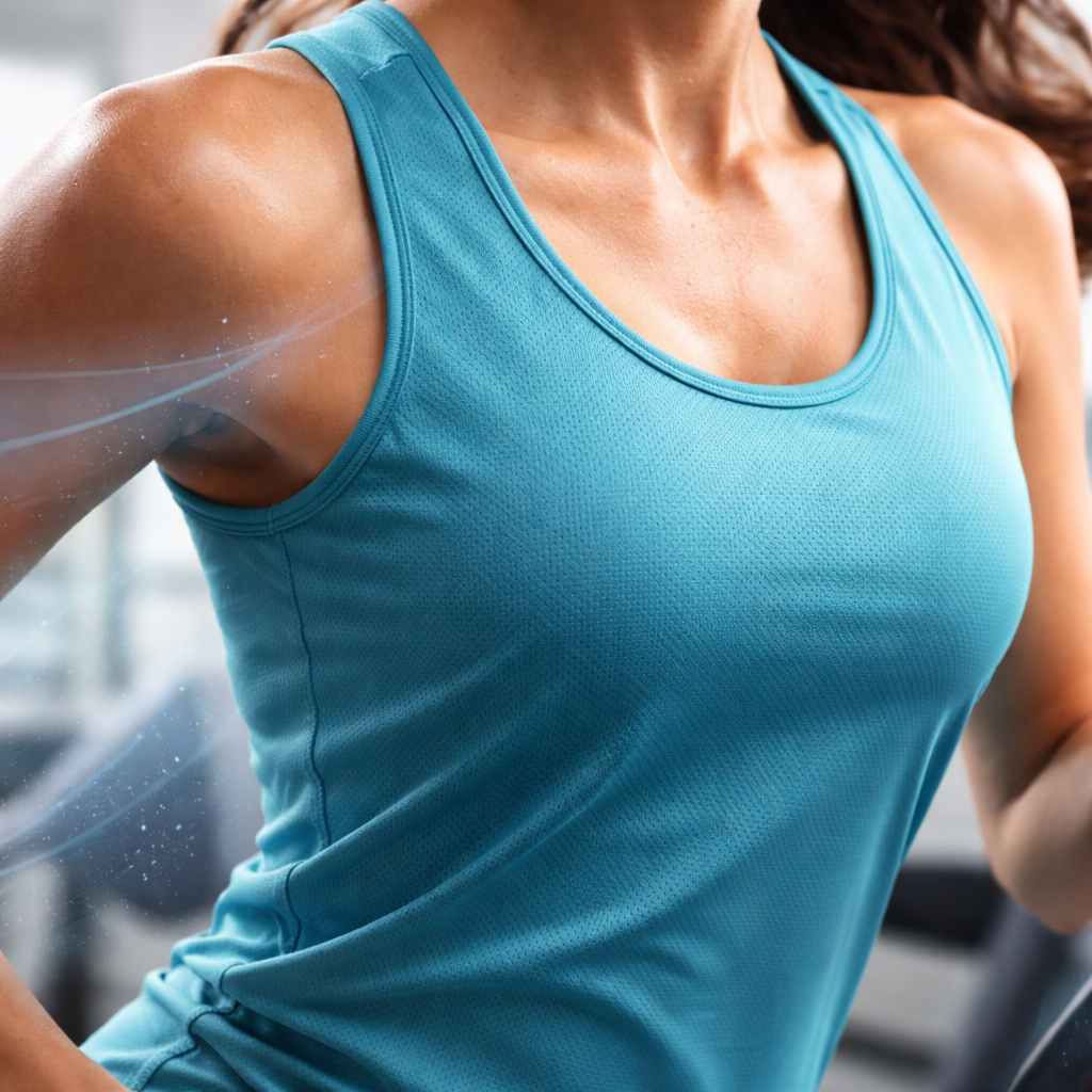 Close-up of a fit woman in a blue sleeveless workout top running indoors.