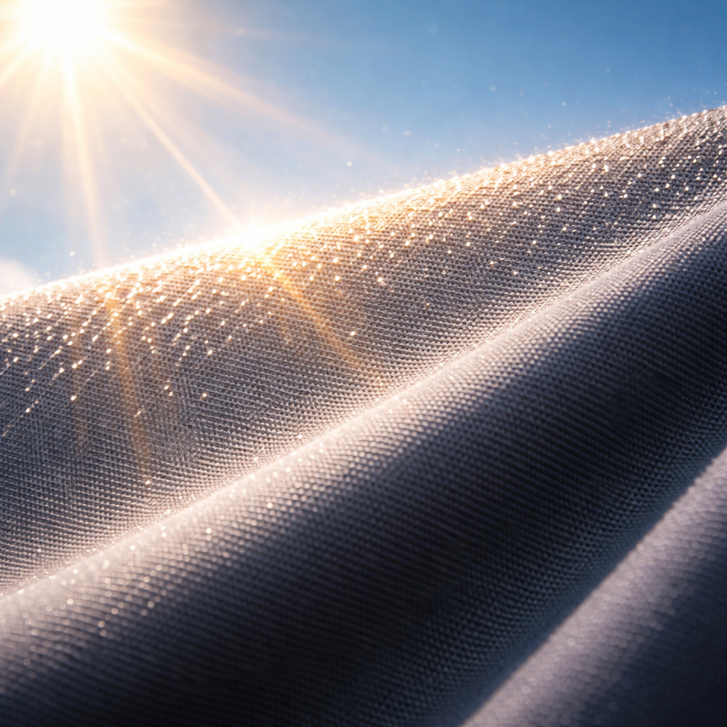 Close-up of fabric with water droplets shimmering under bright sunlight and a clear blue sky.